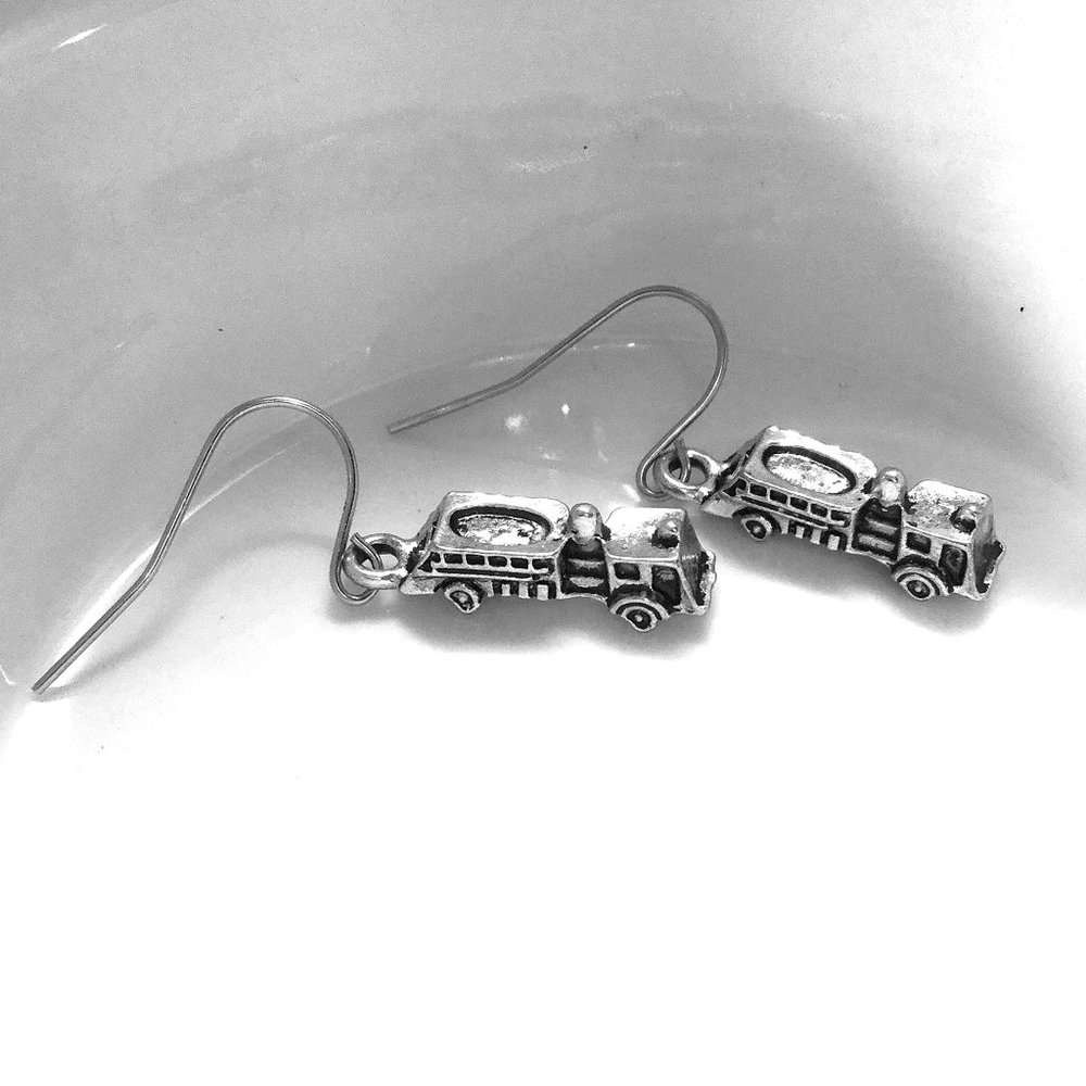 Miniature Fire Truck Fireman Fire fighter Charm Earrings